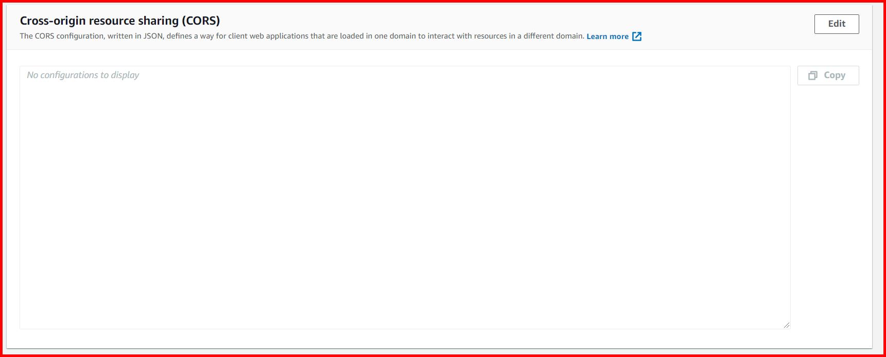 Picture showing the Cross-origin resource sharing (CORS) section in S3 bucket